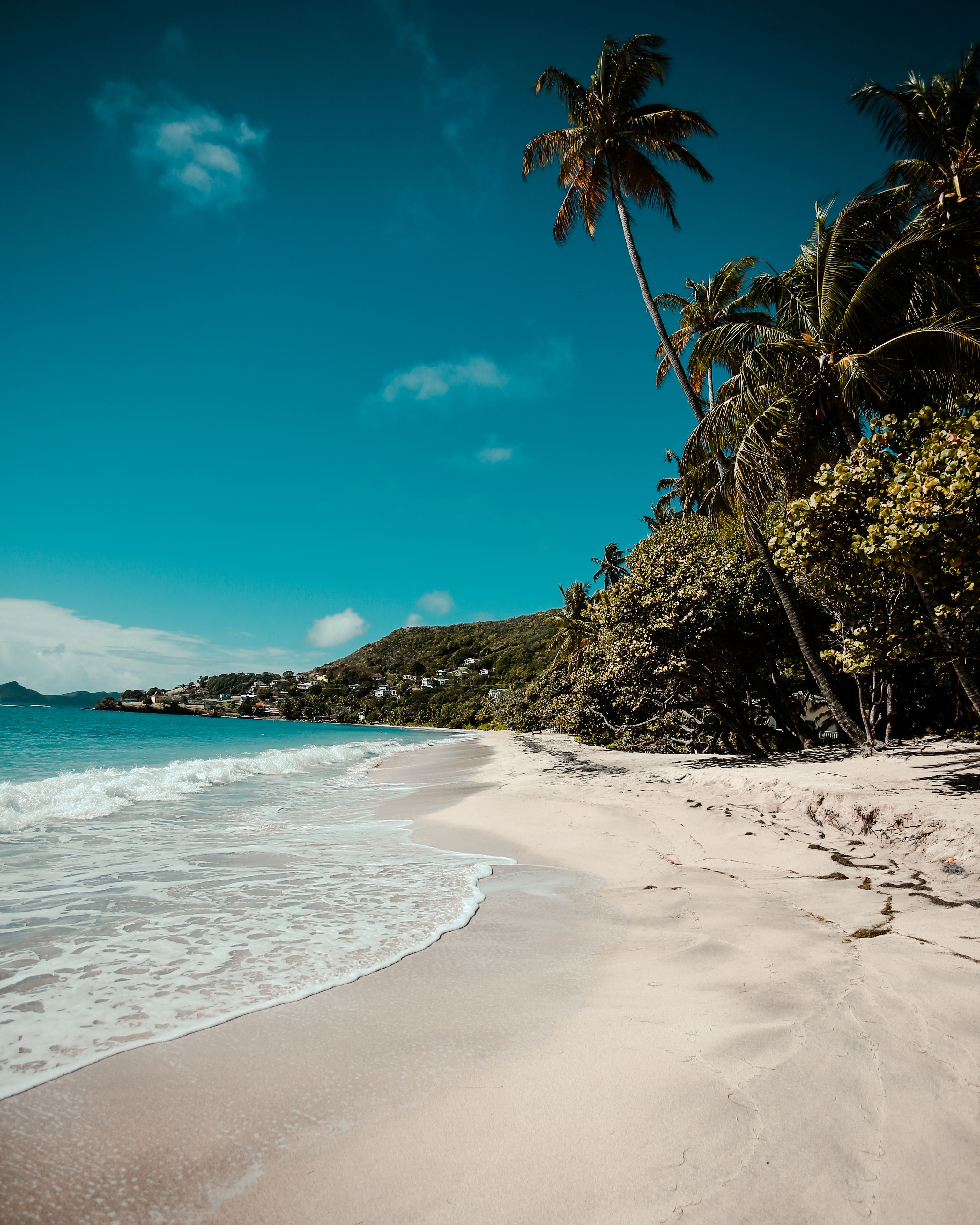 Ein Strand mit klarem türkisblauem Wasser, Palmen und einer entfernten Küstenlinie mit Häusern.