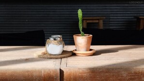 Une table en bois, sur laquelle se trouvent un bocal en verre et un cactus en pot.