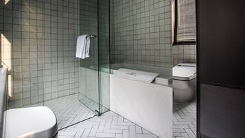 A modern bathroom with a glass shower enclosure, a white toilet, and a white sink.
