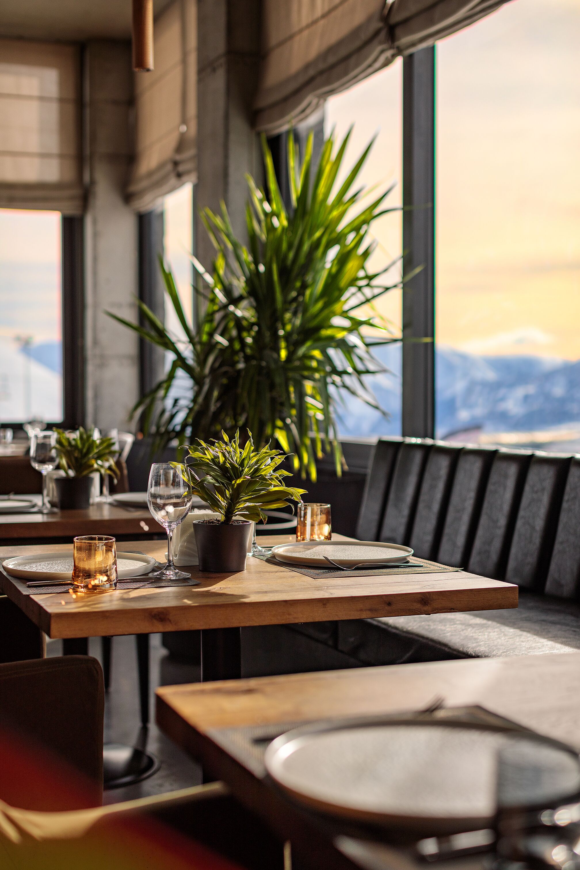 A dining area with a wooden table set for two, potted plants, and a view of mountains through large windows.