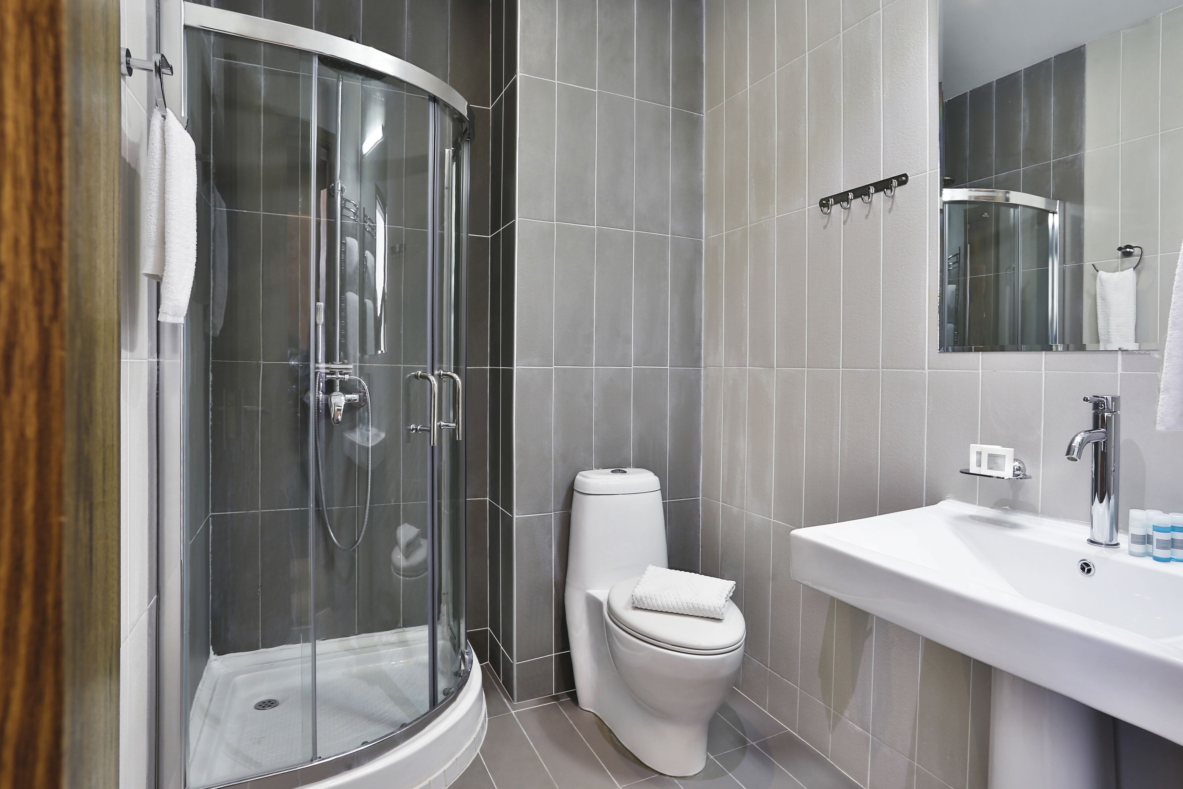 A modern bathroom with a glass-enclosed shower, a white toilet, and a sink with a mirror above it.