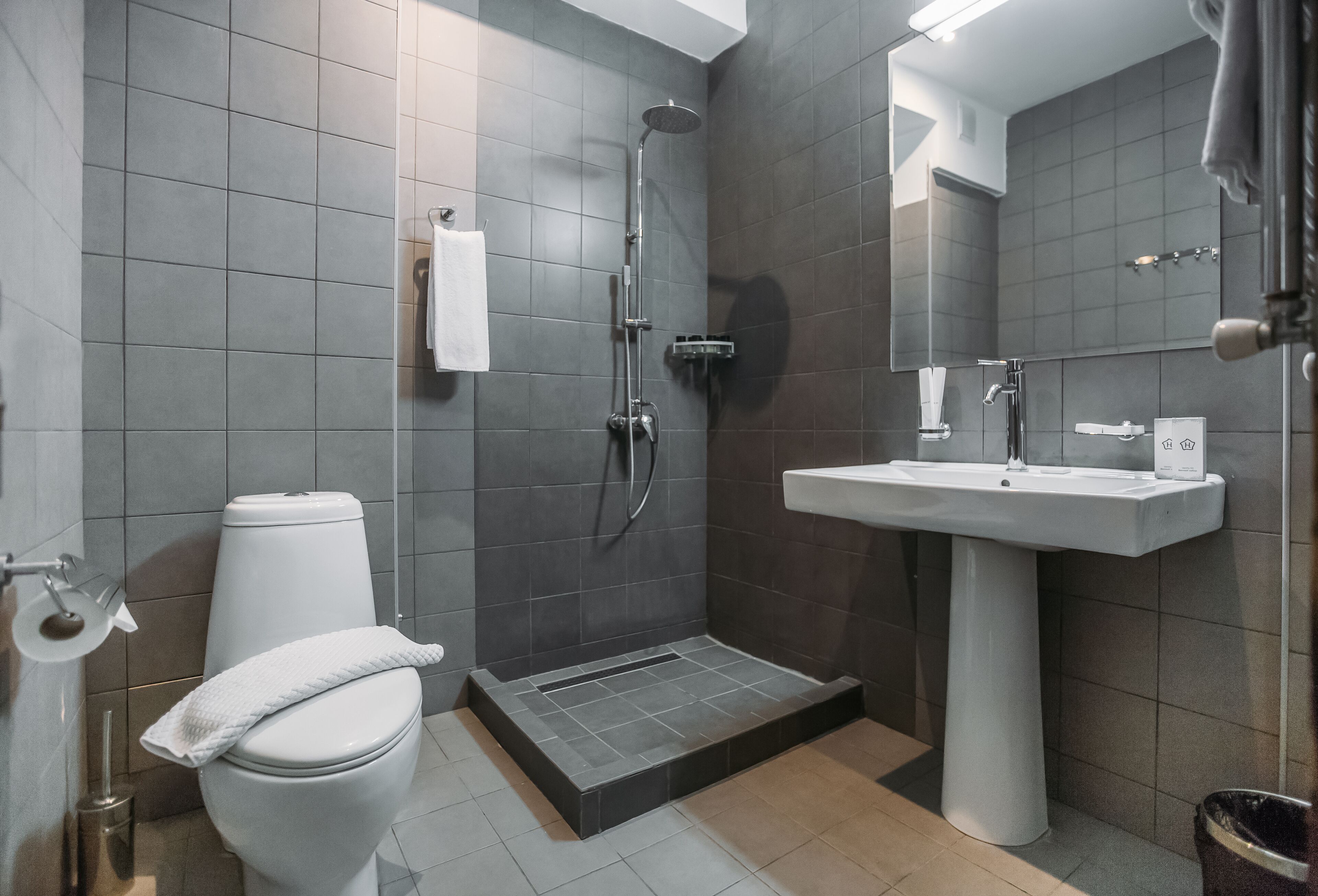 Een moderne badkamer met douche, toilet en wastafel.