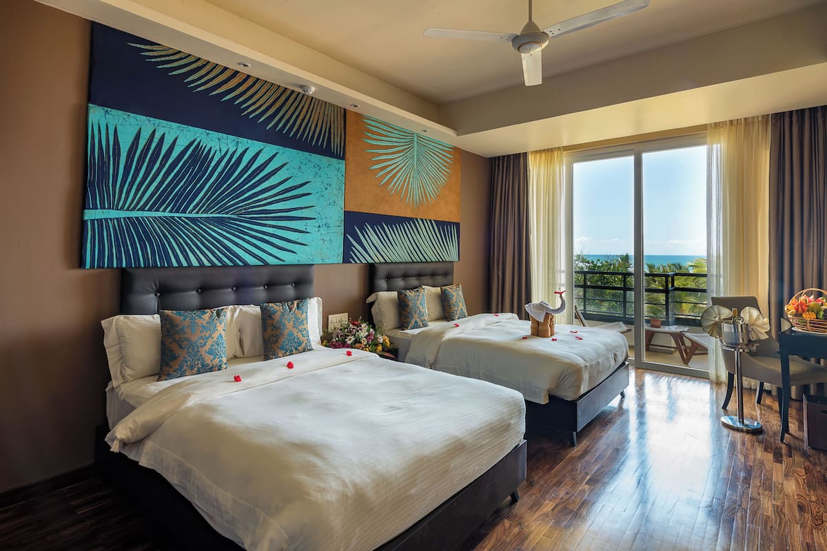 minibar, desk, laptop workspace, blackout curtains