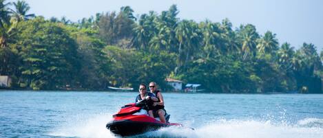 A jet ski on a body of water with a backdrop of palm trees and a clear sky.