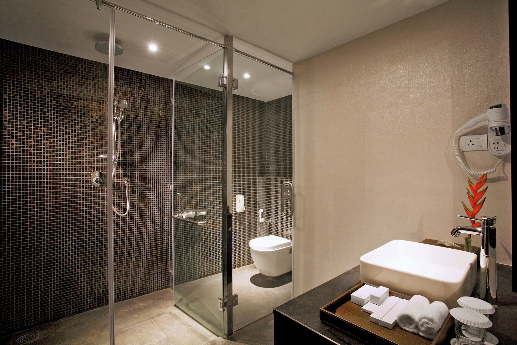 rainfall showerhead, free toiletries, hair dryer, towels