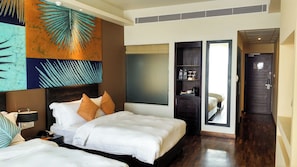 Minibar, desk, laptop workspace, blackout curtains