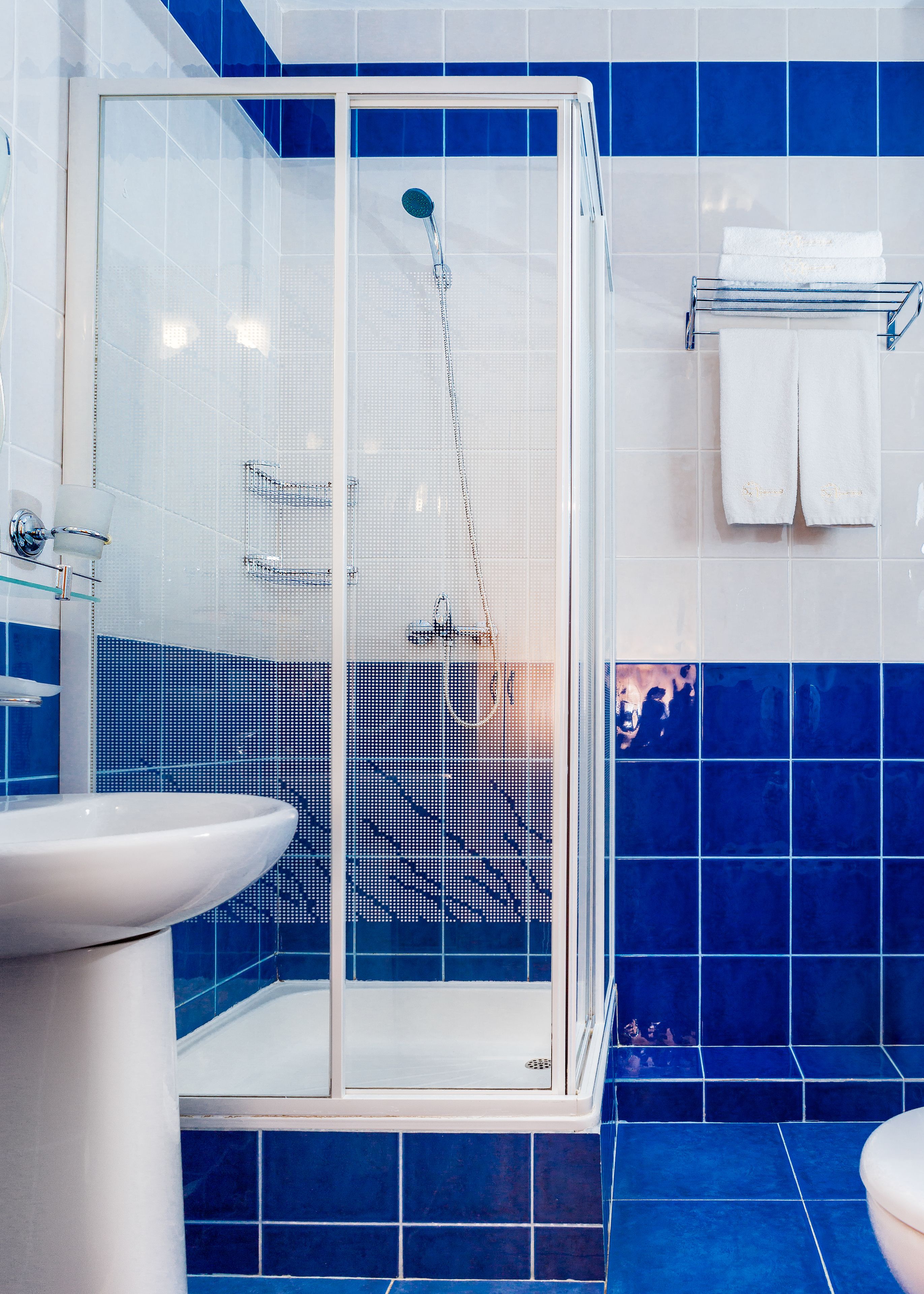 A bathroom with a glass-enclosed shower, a sink, and a towel rack.