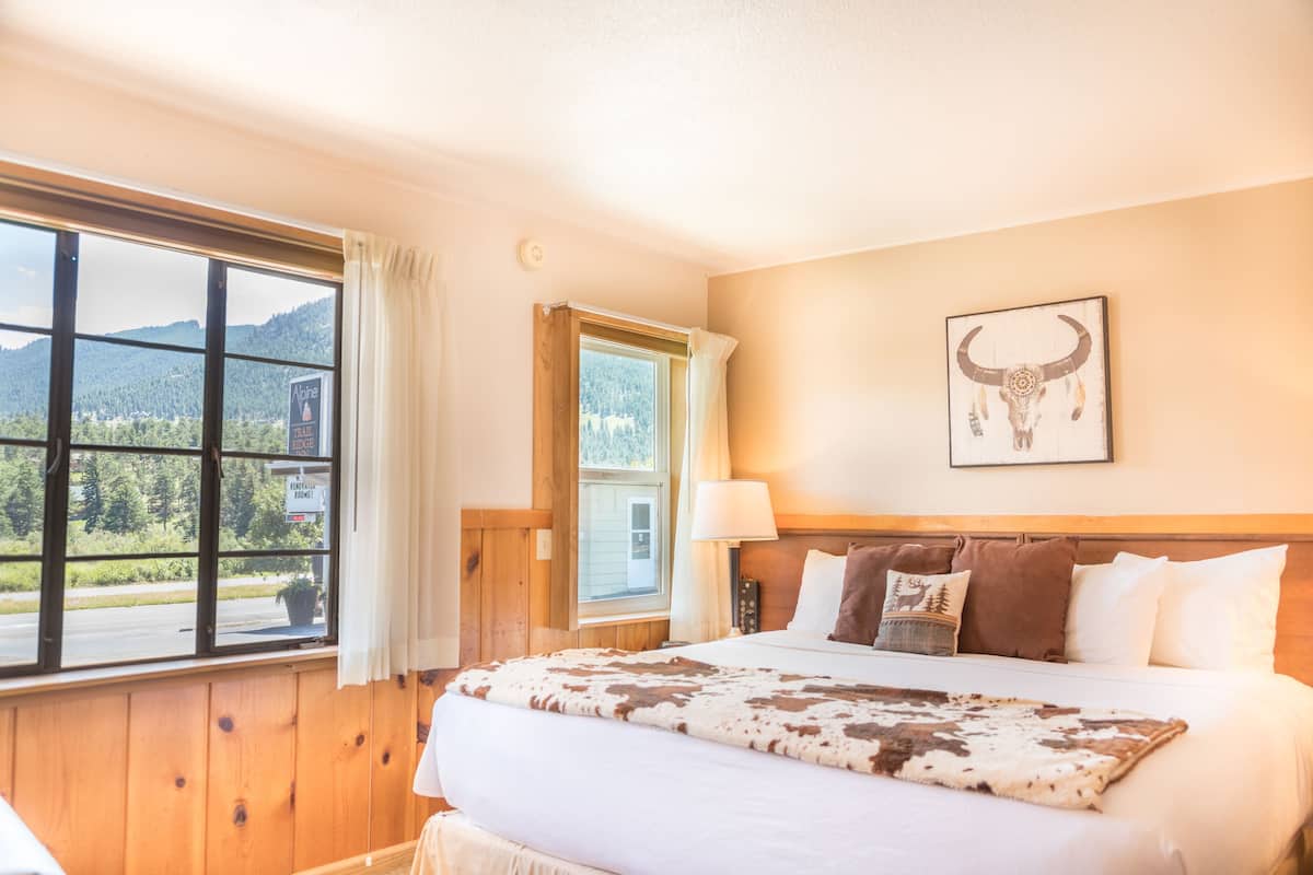 A bedroom with a large bed, a window with a view of mountains, and a cow skull artwork on the wall.