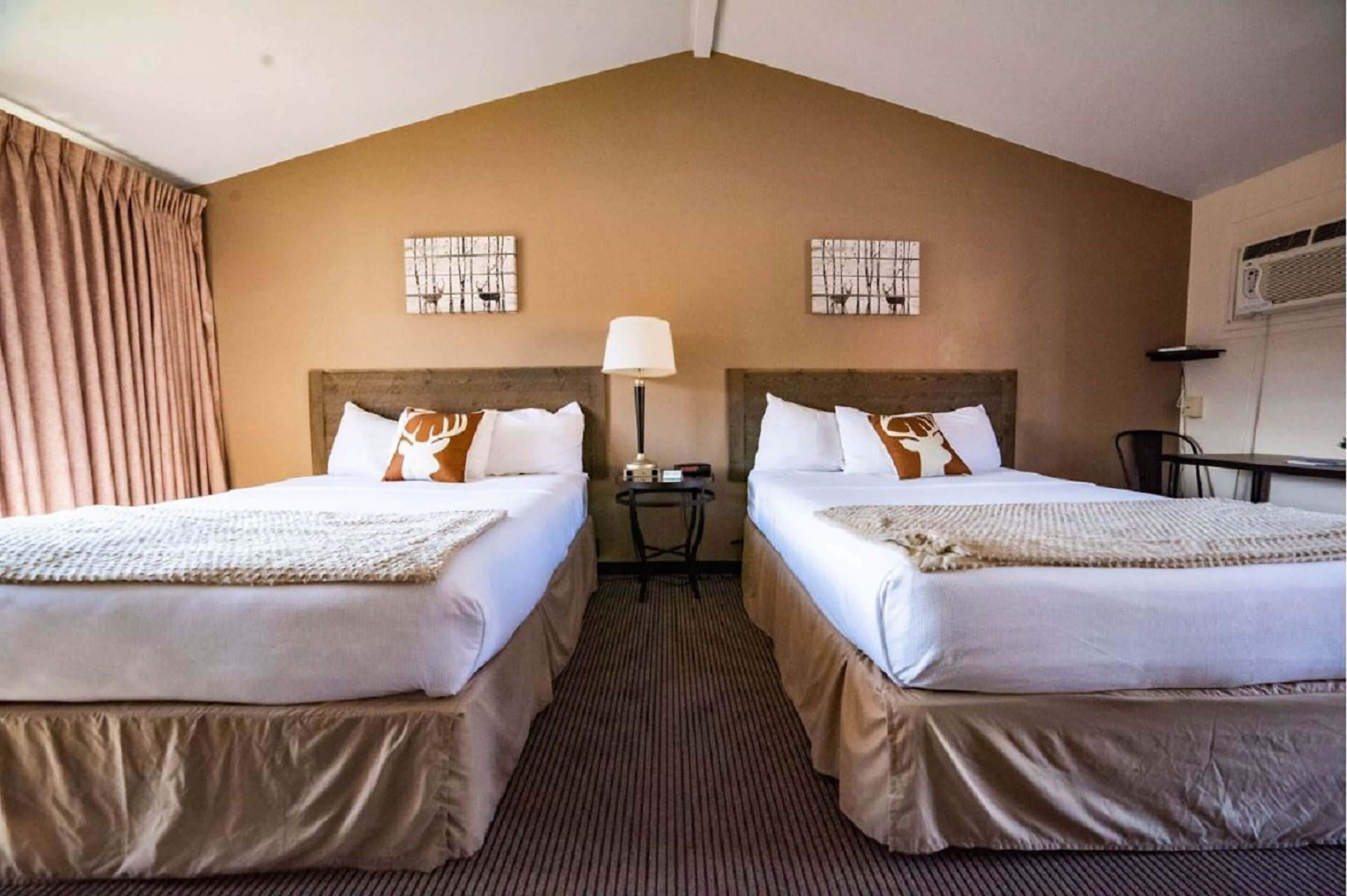 A hotel room with two beds, a nightstand, a lamp, and artwork on the walls.