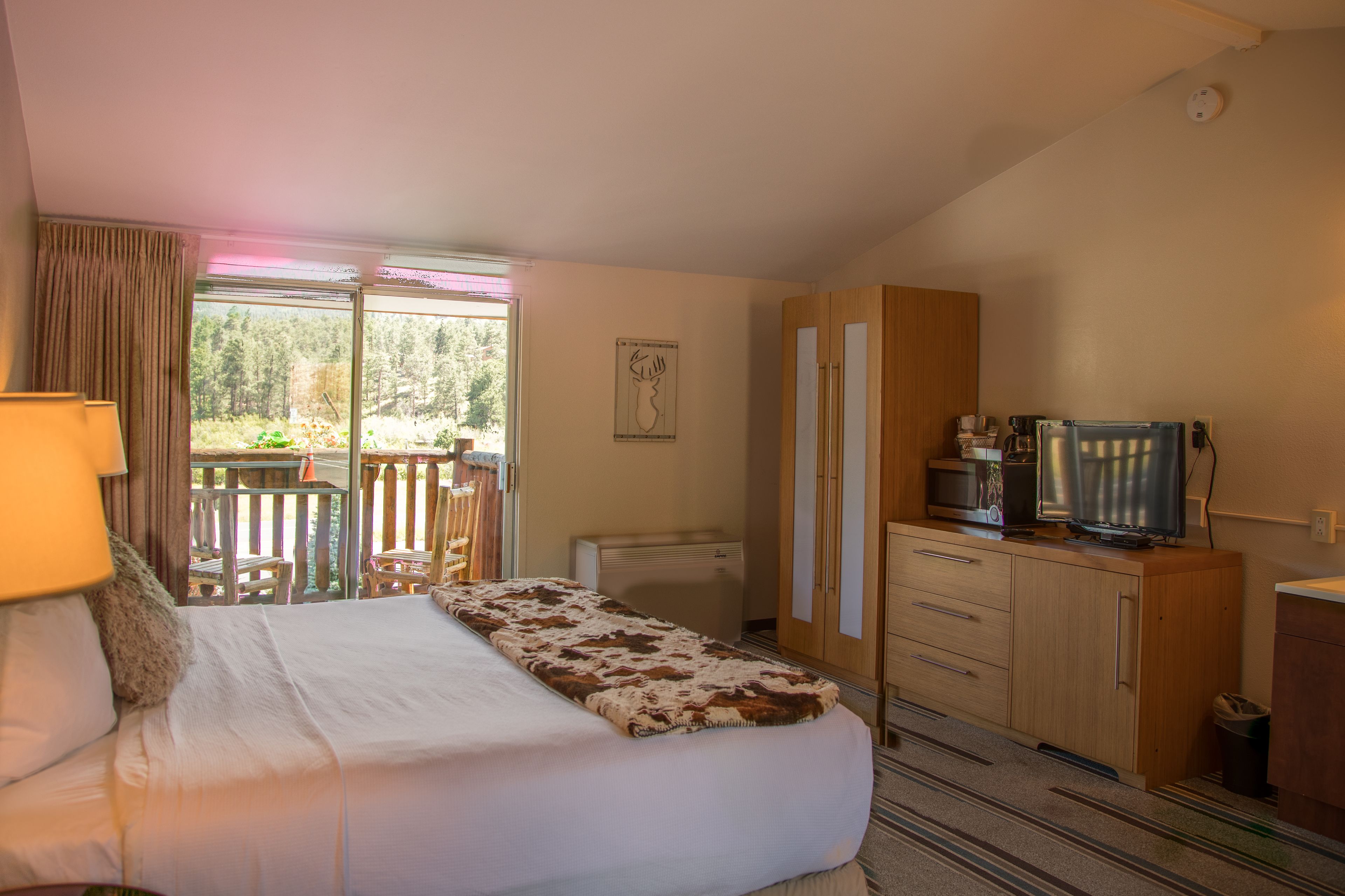 A hotel room with a bed, a desk, a television, and a view of the outdoors.