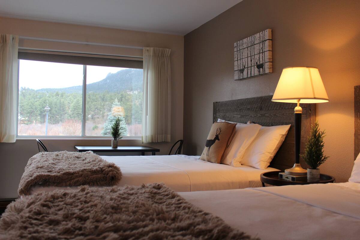 A hotel room with two beds, a nightstand with a lamp, a window with curtains, a small table with a plant, and a wall-mounted artwork.