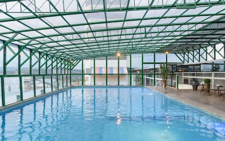An indoor swimming pool with a glass ceiling and a view of the cityscape.
