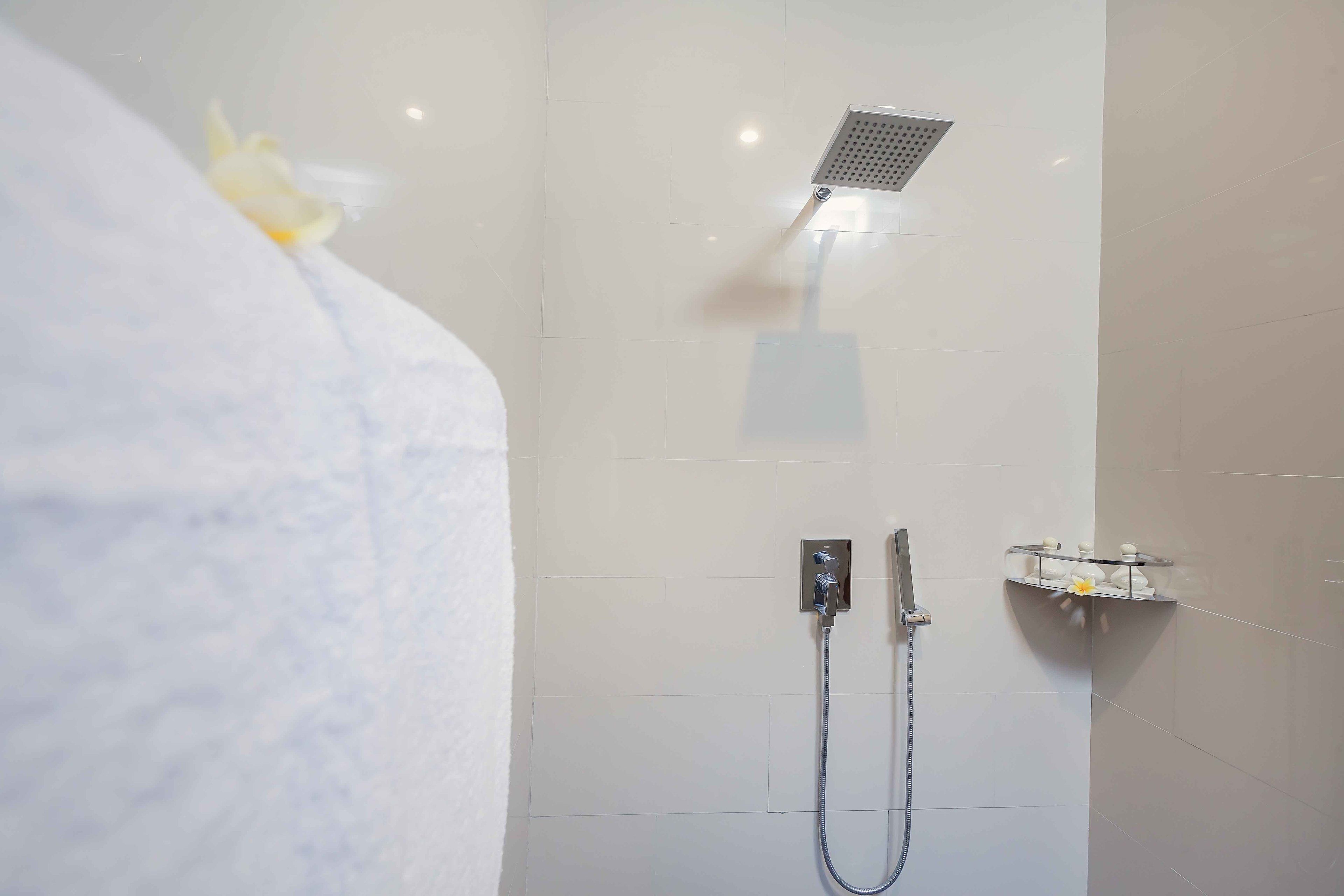 A shower area with a handheld showerhead and a wall-mounted showerhead.