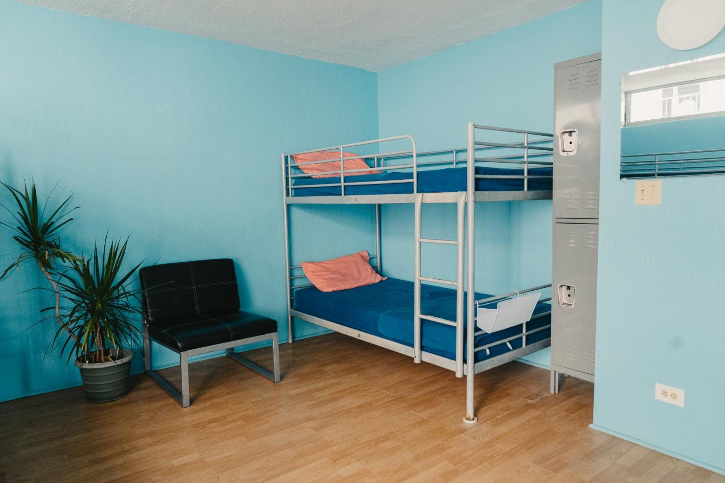 Een slaapkamer met stapelbed, bureau, stoel, een bloempot en een garderobe.