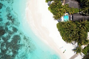 Vista aérea de una playa con aguas turquesas cristalinas, arena blanca y exuberantes palmeras.