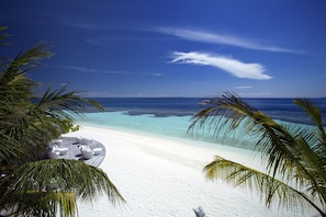 A beach with white sand, clear blue water, and palm trees. - Kandolhu Maldives (NORTH ARI ATOLL)