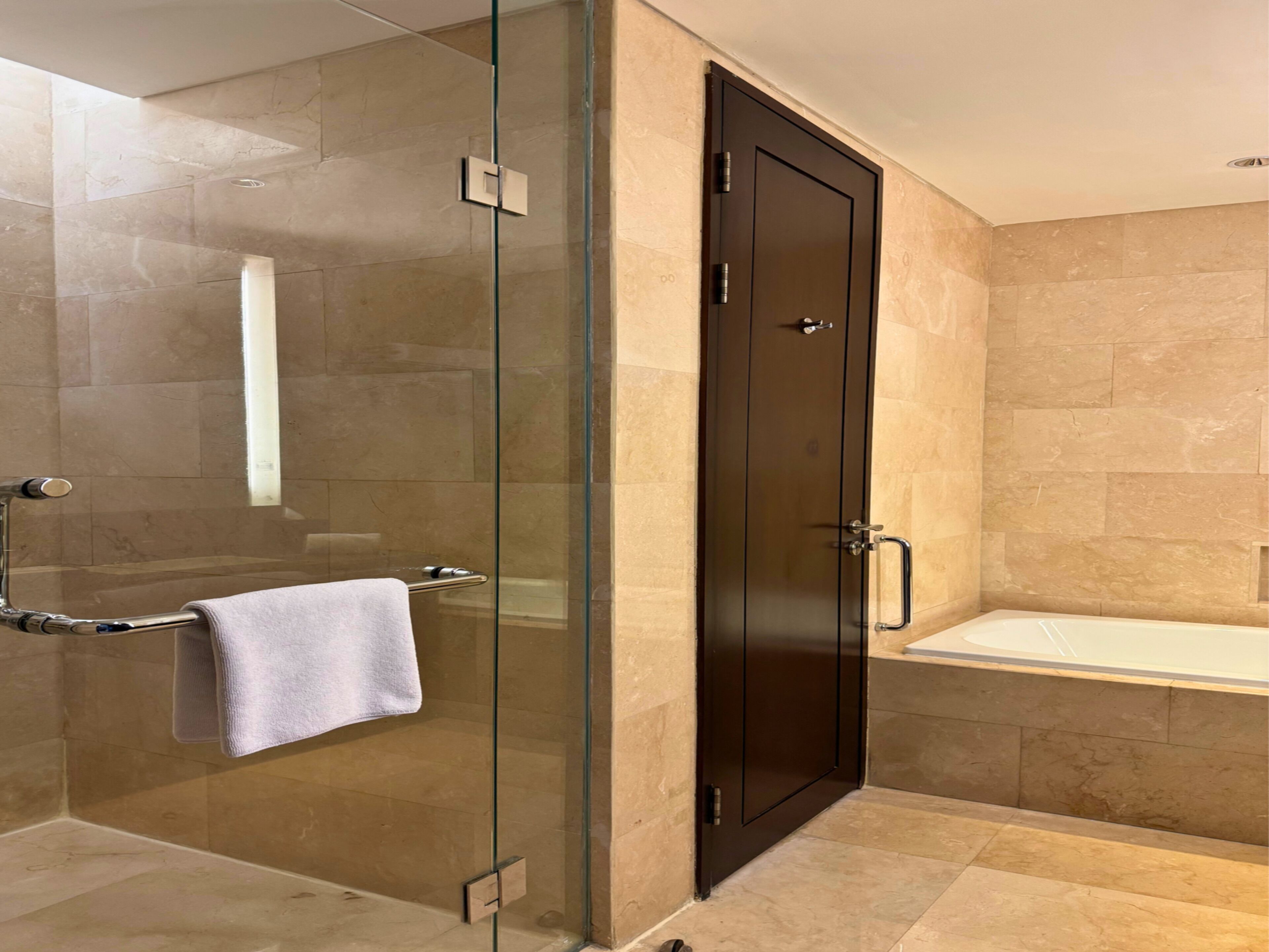 A modern bathroom with a glass-enclosed shower, a dark wooden door, and a white bathtub.