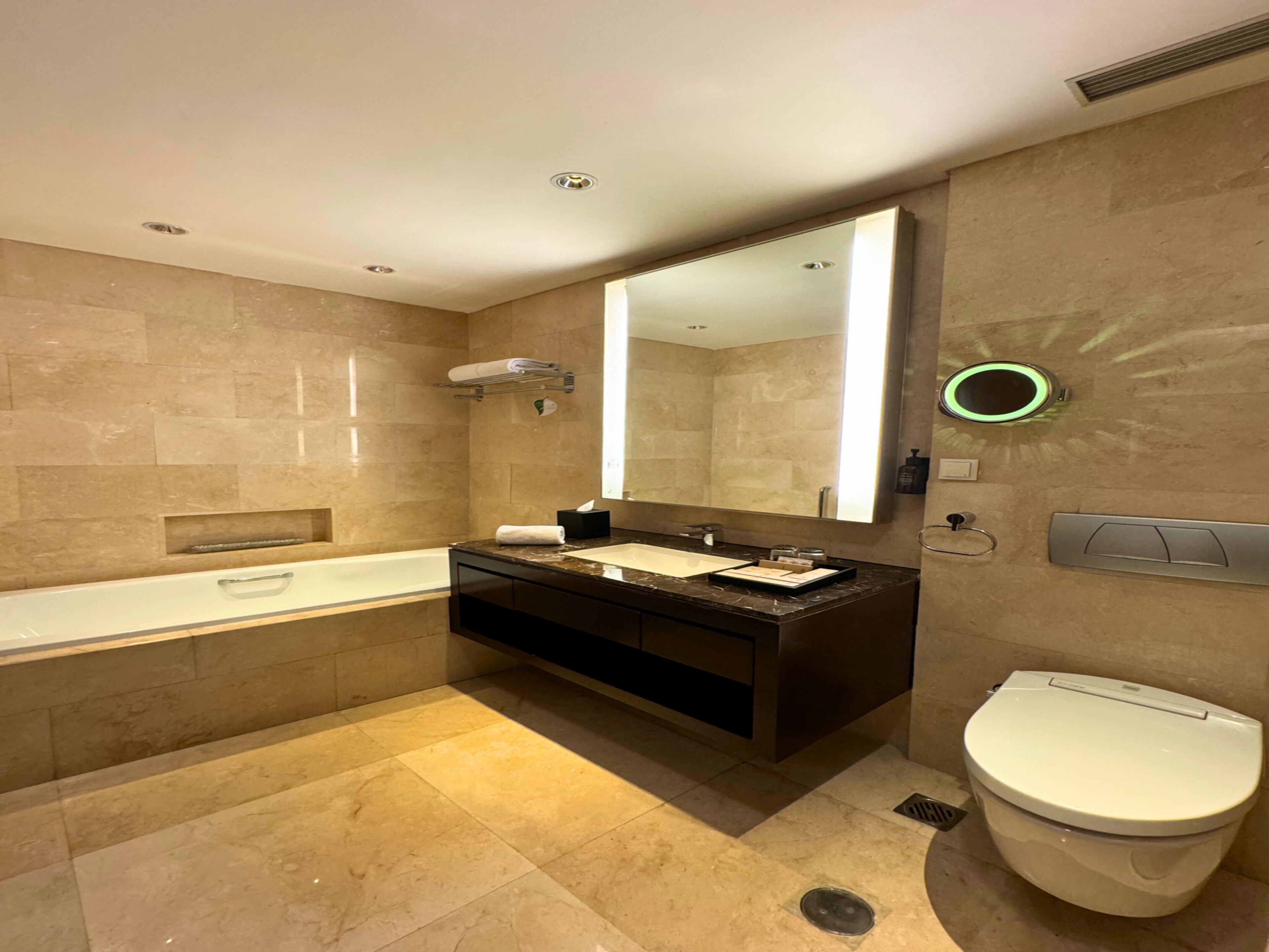 A modern bathroom with a bathtub, a sink with a large mirror, and a toilet.