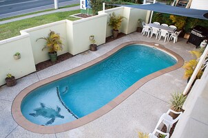 Una piscina rectangular con borde de azulejos, rodeada por un solárium de hormigón. Se observan plantas en macetas y una parrilla de barbacoa al fondo.