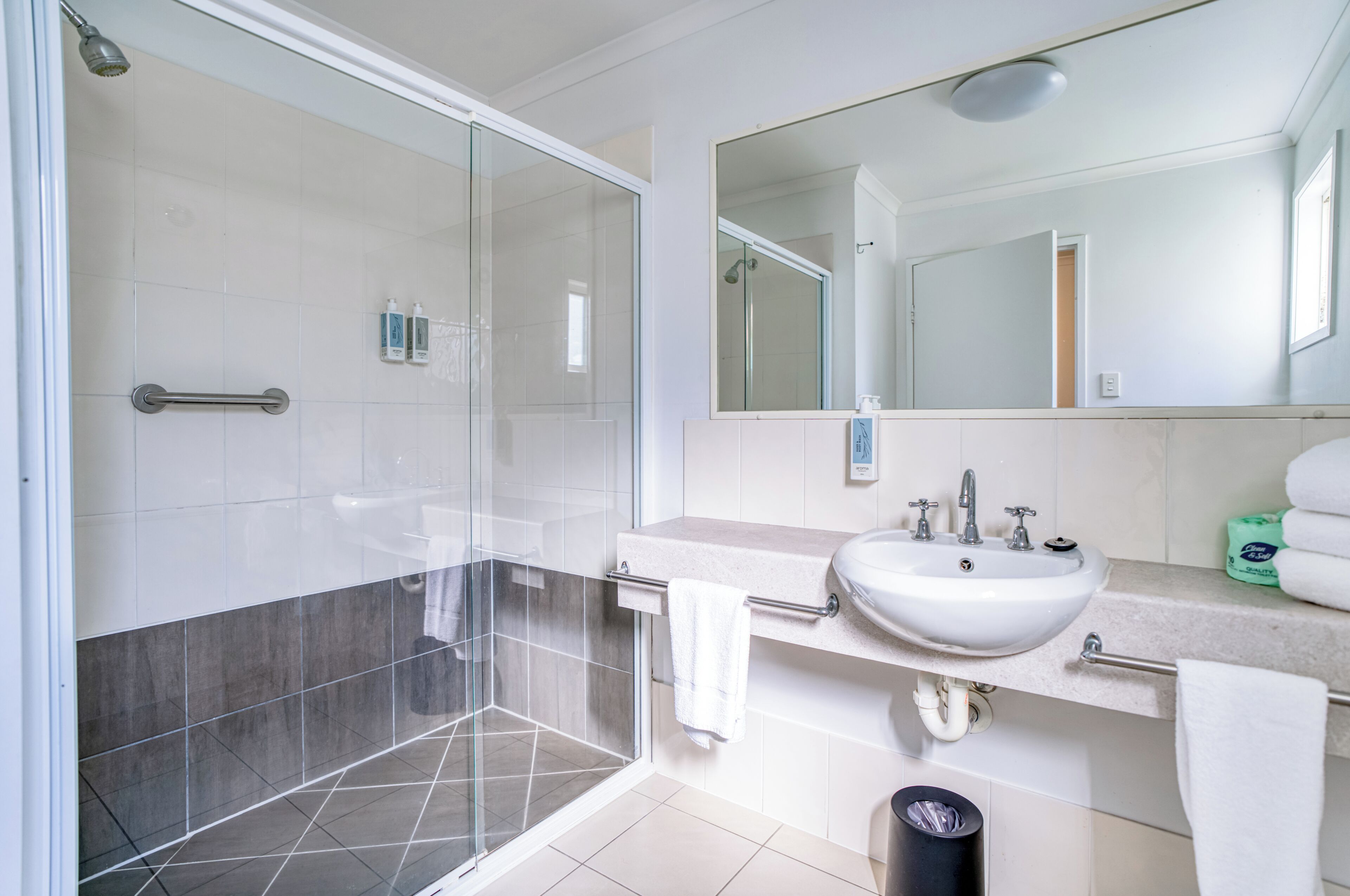 Eco-friendly toiletries, hair dryer, towels, soap
