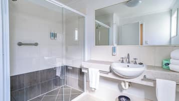Eco-friendly toiletries, hair dryer, towels, soap