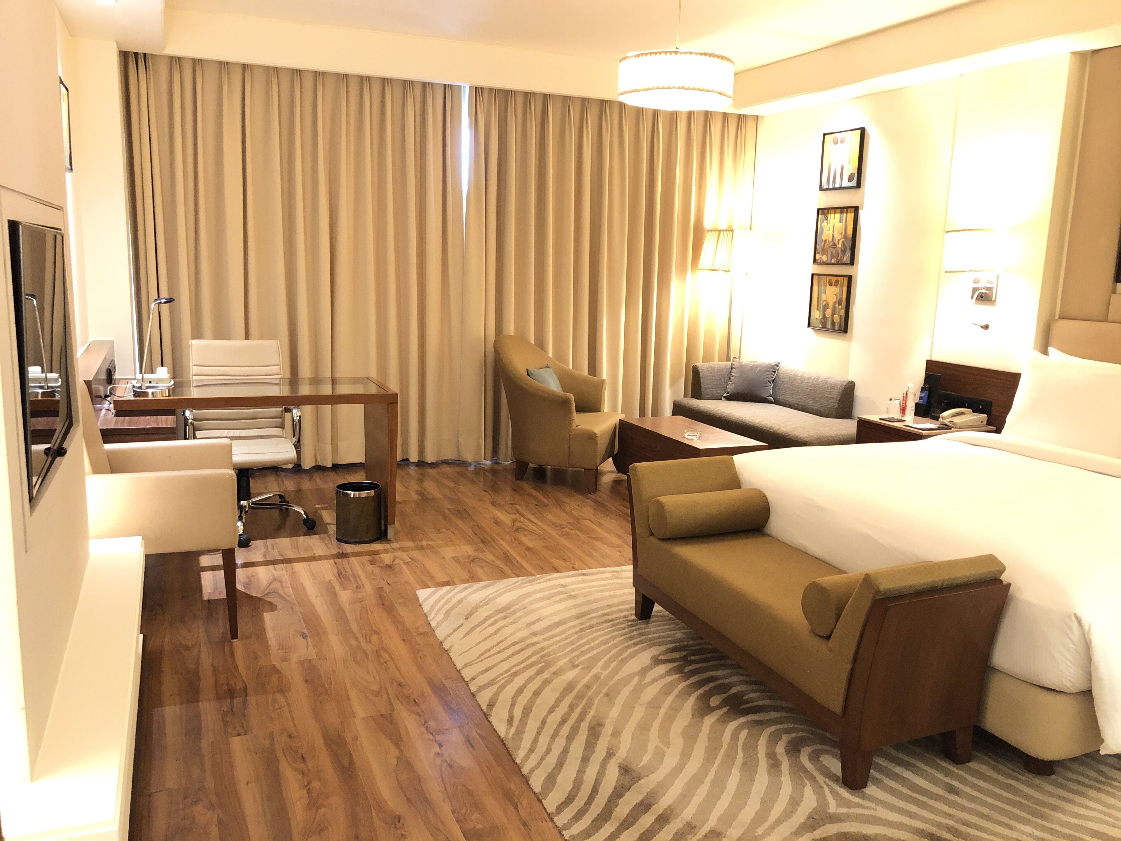 A hotel room with a bed, a sofa, a desk, and a chair.