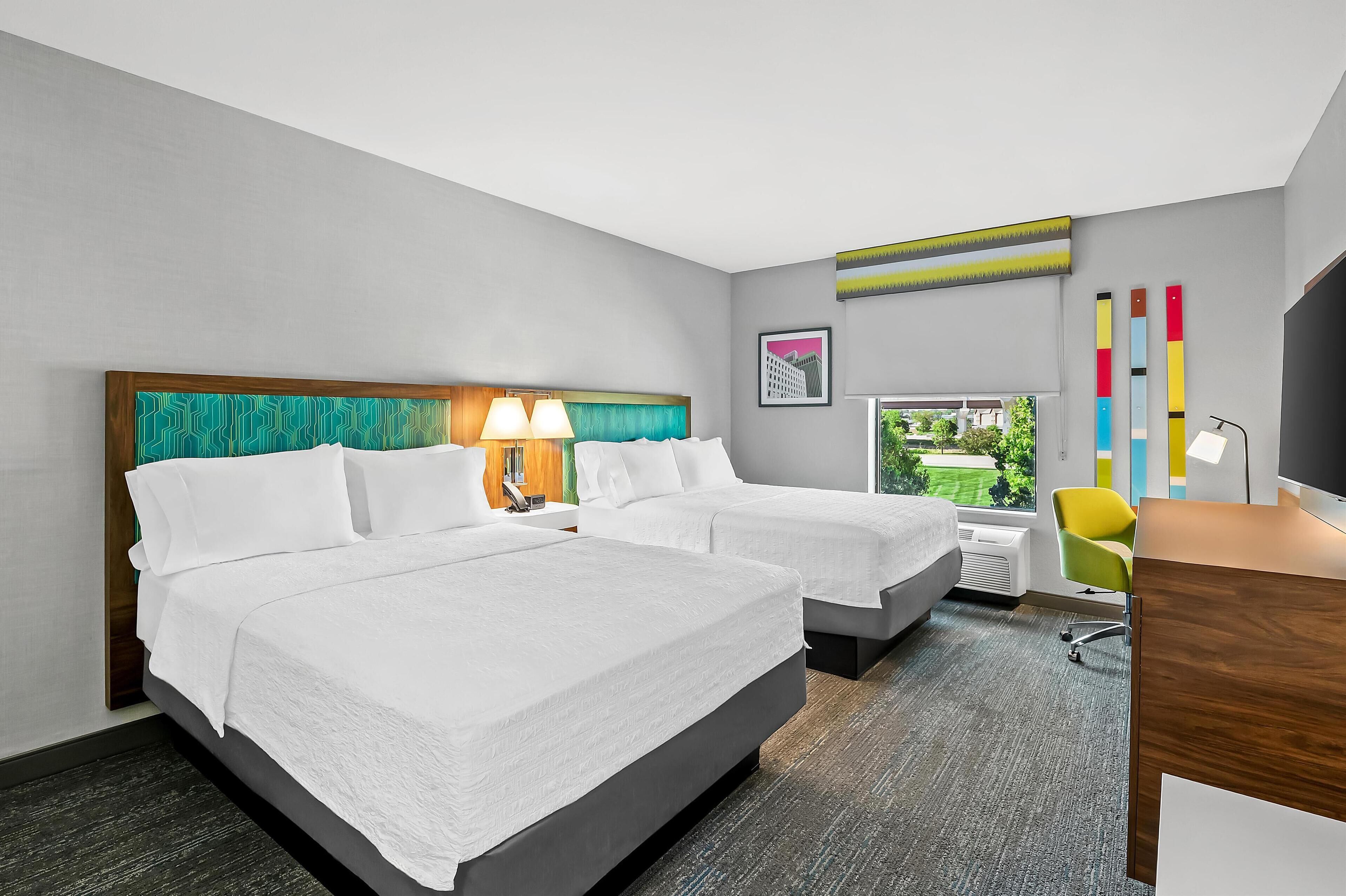 room, 2 queen beds, refrigerator & microwave | in-room safe, desk, blackout curtains, iron/ironing board