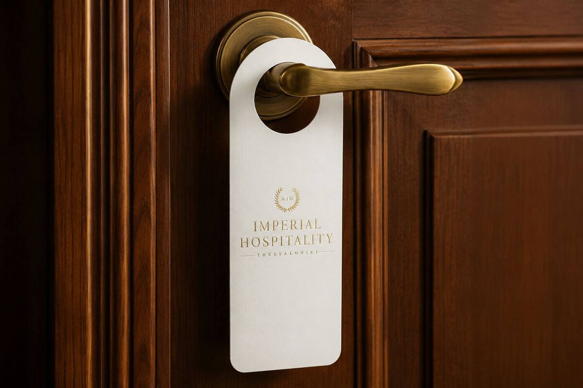 A door with a brass handle and a white sign that reads 'IMPERIAL HOSPITALITY' with a laurel wreath logo.