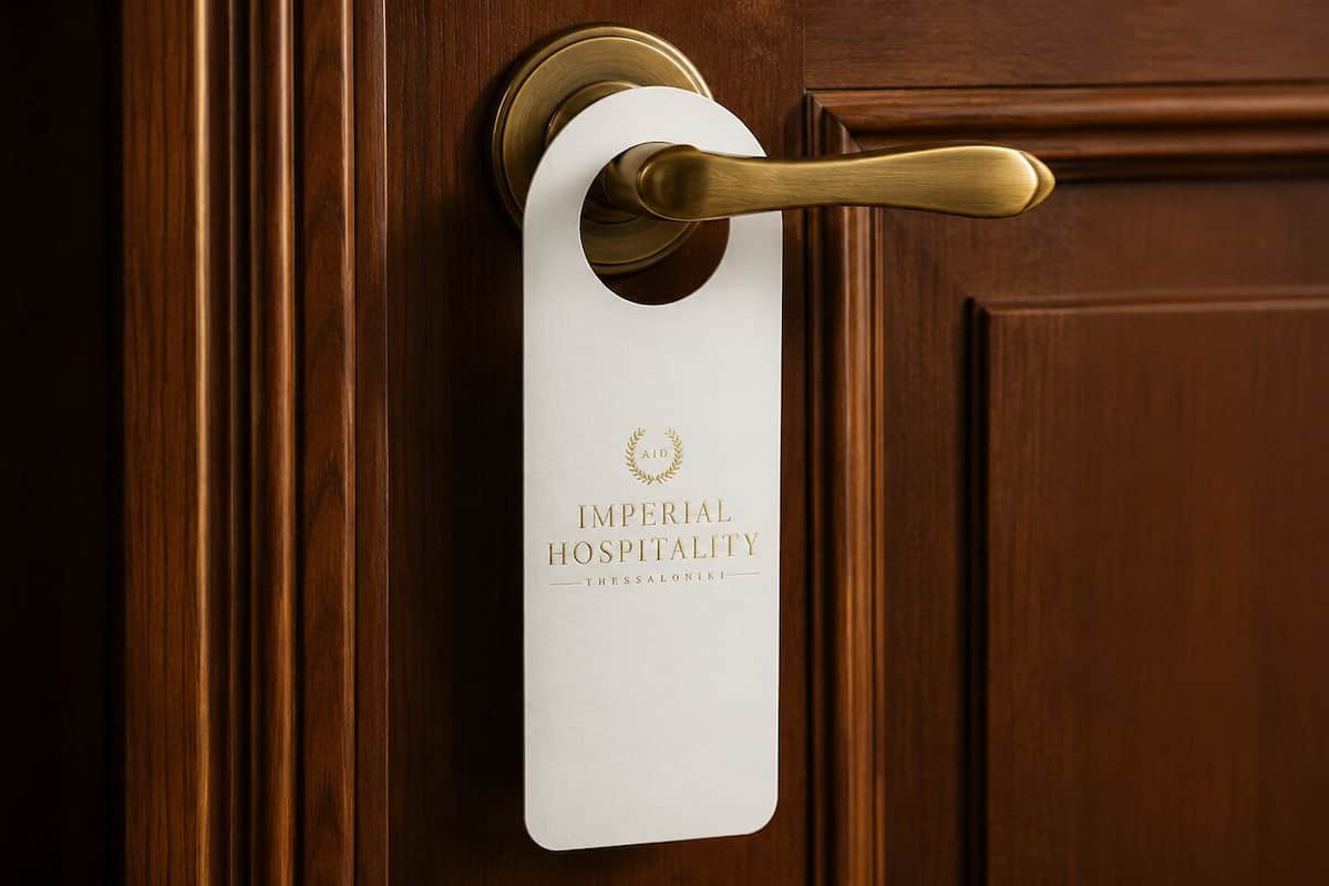 A door with a brass handle and a white sign that reads 'IMPERIAL HOSPITALITY' with a laurel wreath logo.