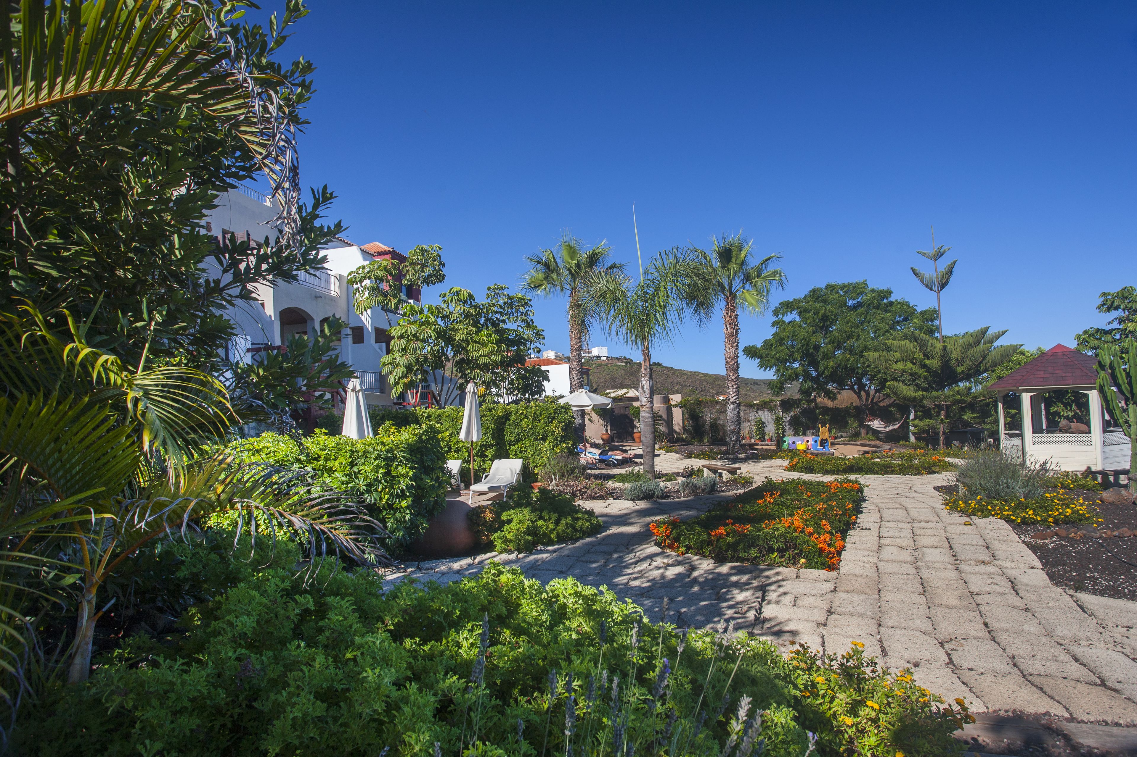 A garden with palm trees, a gazebo, and a pathway leading to a building with a red roof.