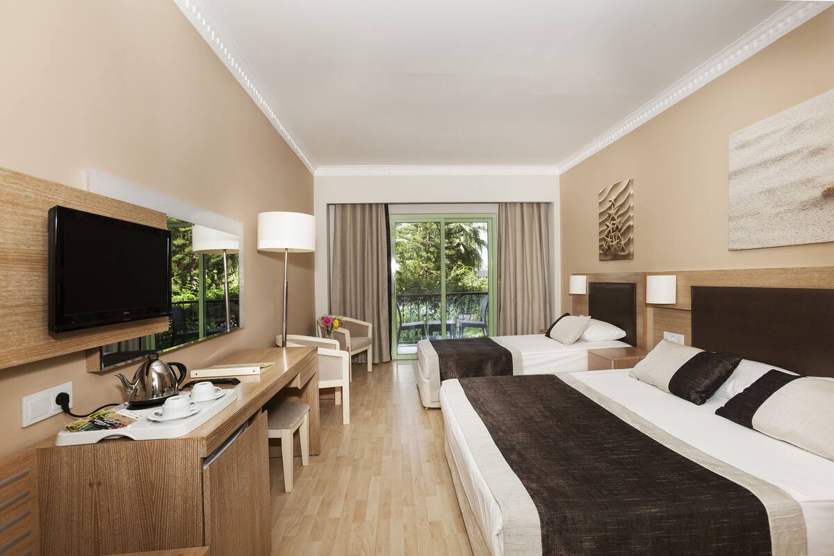 A hotel room with a bed, a desk with a TV, a chair, a table with a tray, and a window with a view of greenery.