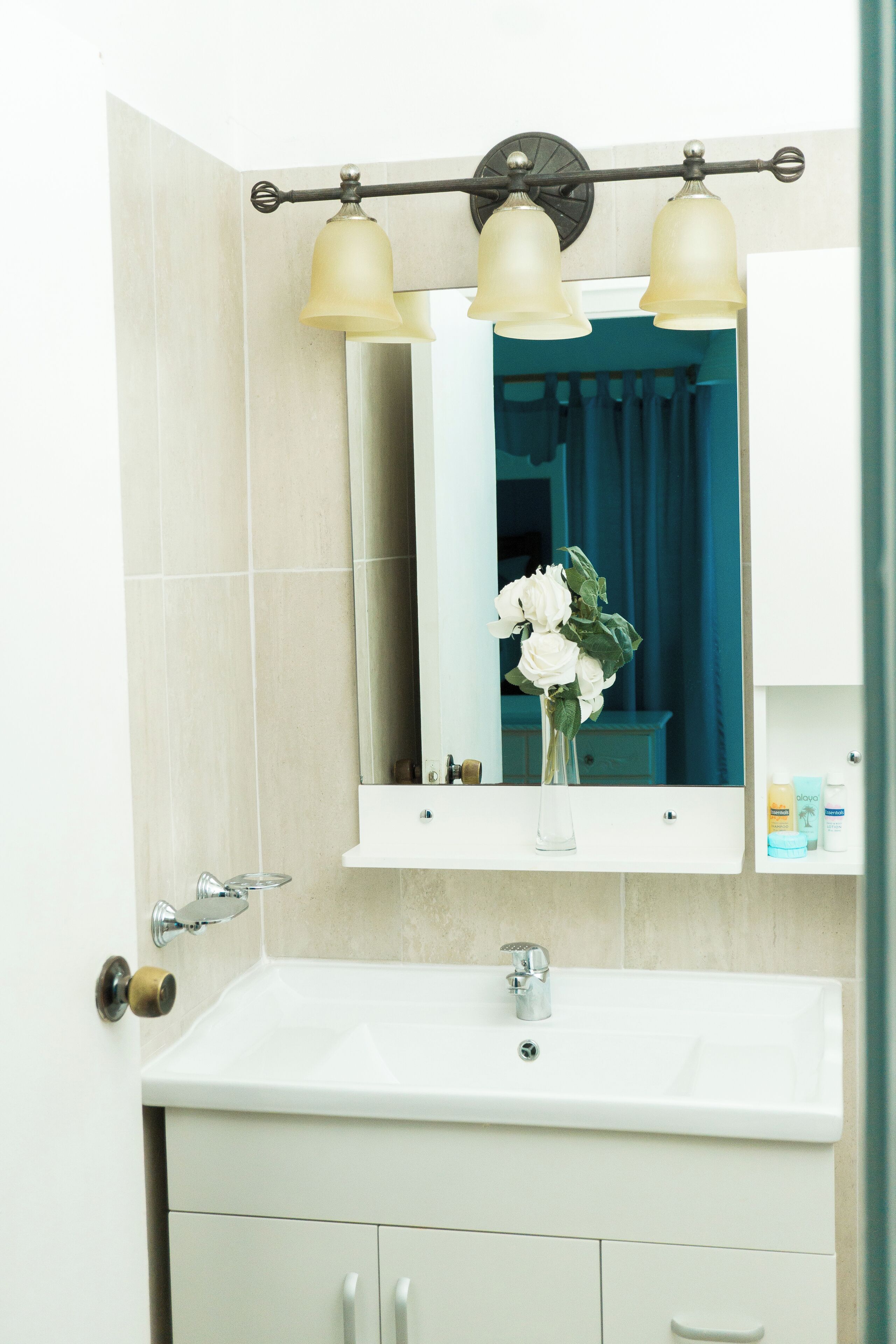 A bathroom with a white sink, a mirror above it, and a vase with flowers.