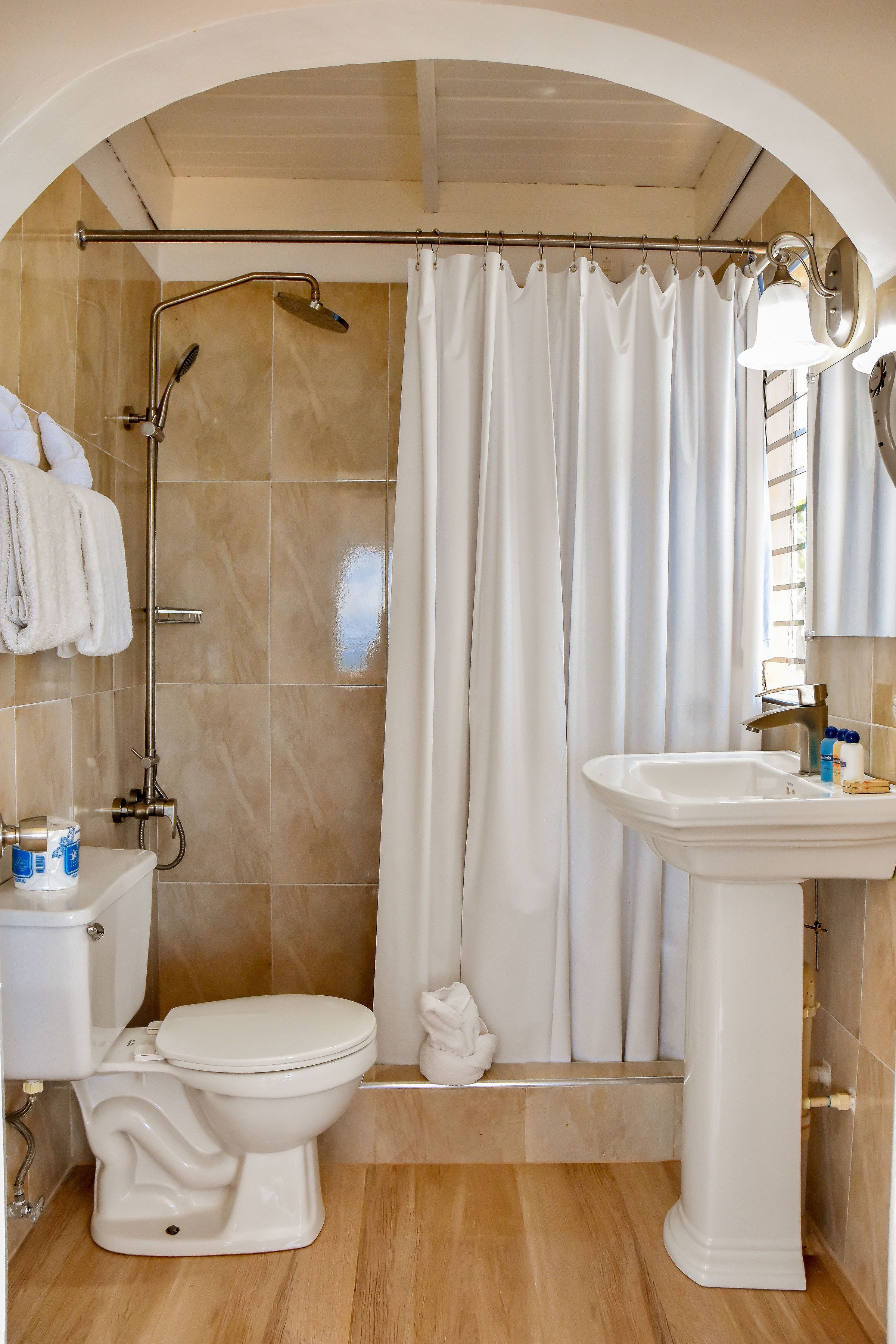 Une salle de bain avec douche, toilettes et lavabo.