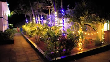 Um caminho ladeado por palmeiras e plantas, iluminado por luzes de Natal.