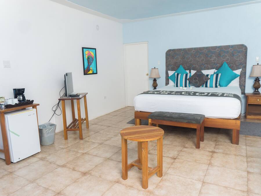 A bedroom with a bed, bedside tables, a desk, a refrigerator, and a trash bin.