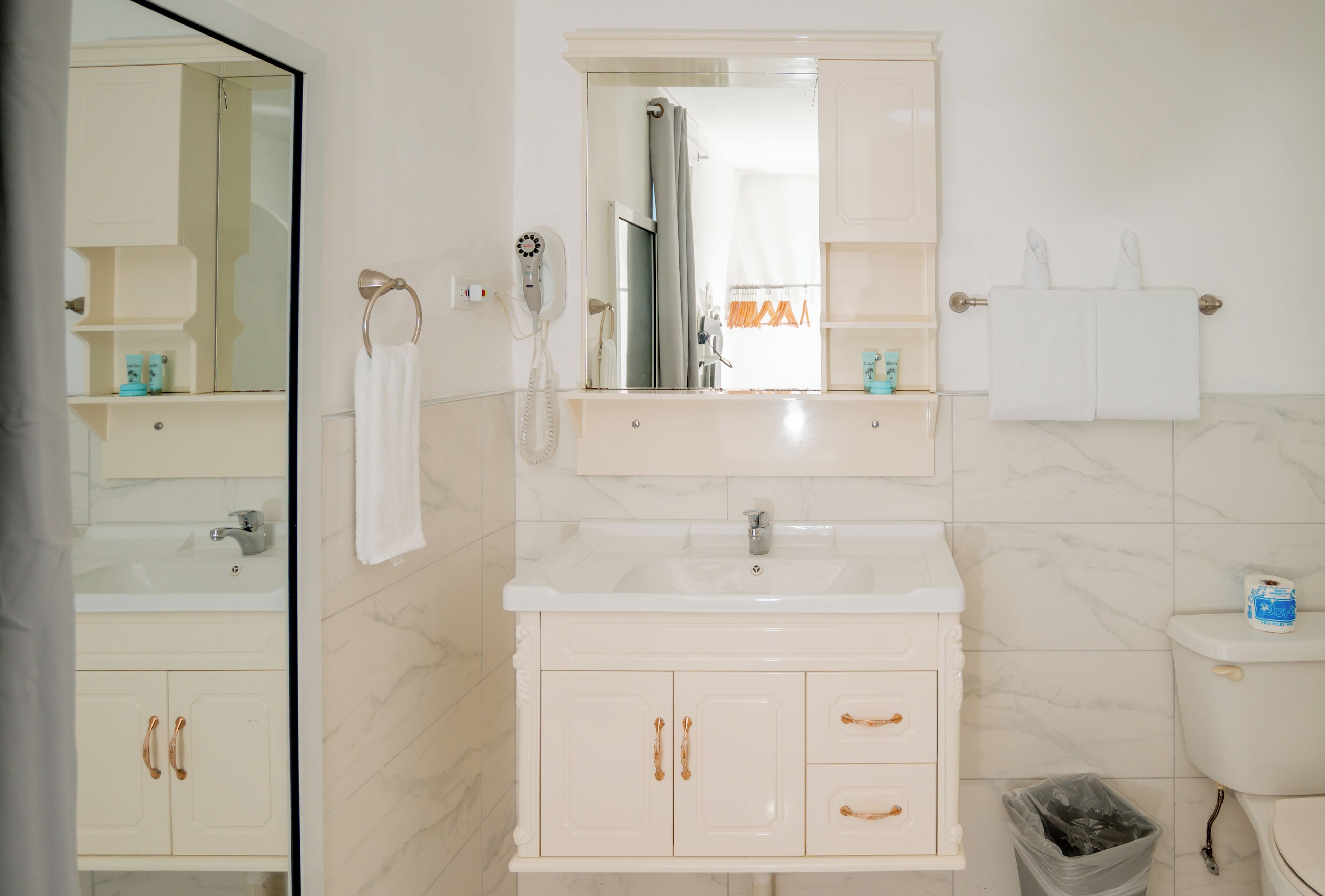 A bathroom with a white sink, mirror, and vanity, a toilet, and a trash bin.