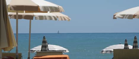 Plage privée, chaises longues, parasols