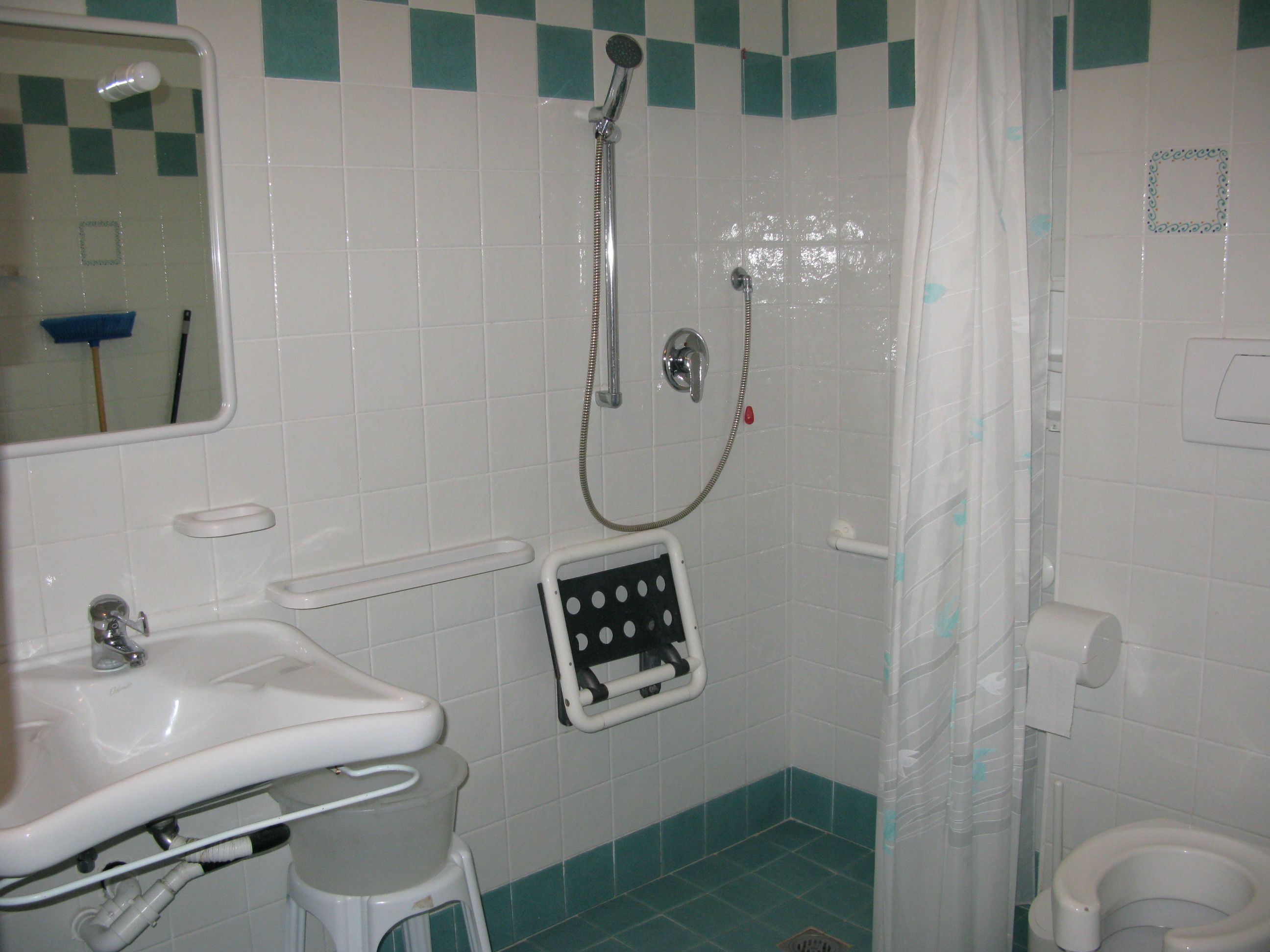 A bathroom with a shower, toilet, and sink.