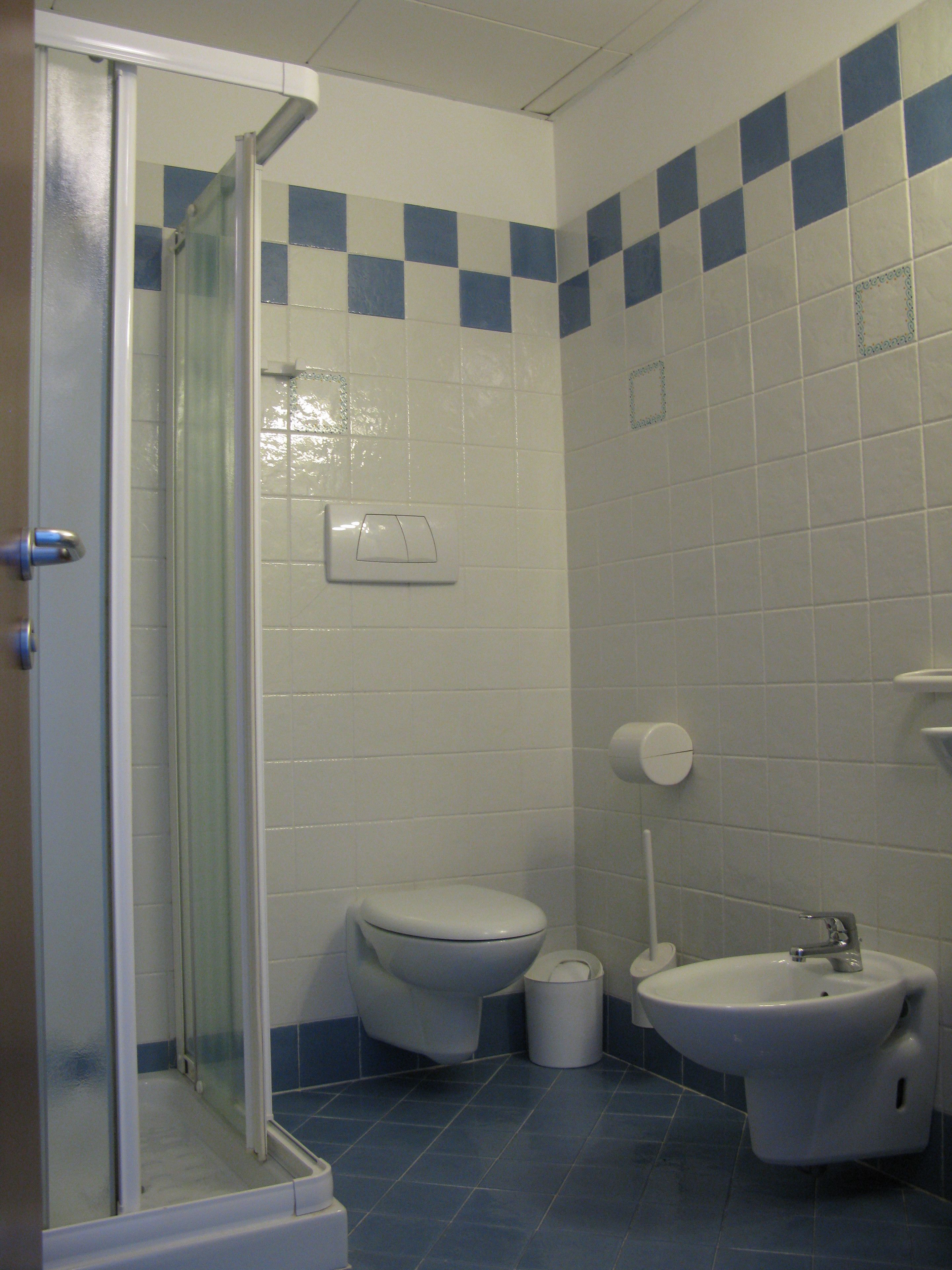 A bathroom with a shower, toilet, bidet, and sink.