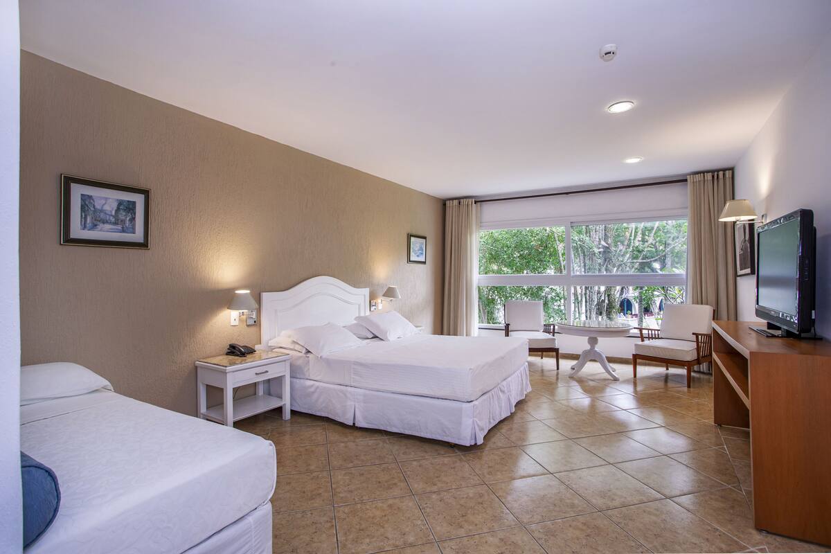 A hotel room with a bed, a desk, a chair, a TV, and a window with a view of trees.