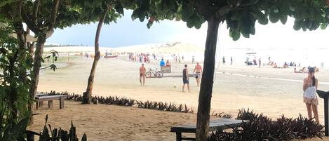A beach scene with a shaded area, benches, and a sandy path leading to the water.