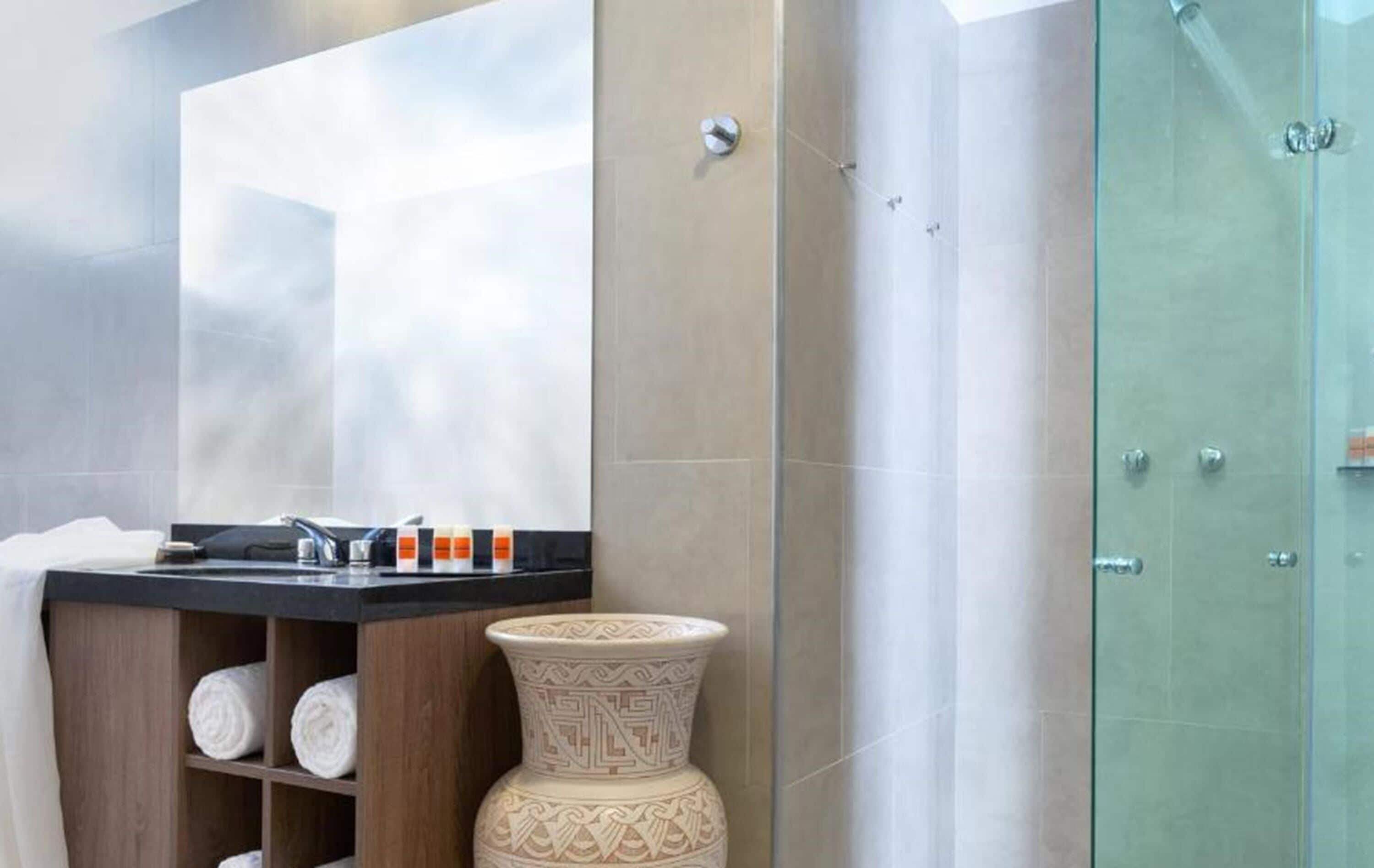 shower, free toiletries, hair dryer, towels