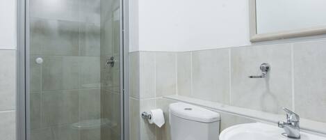 A bathroom with a toilet, sink, and glass-enclosed shower.