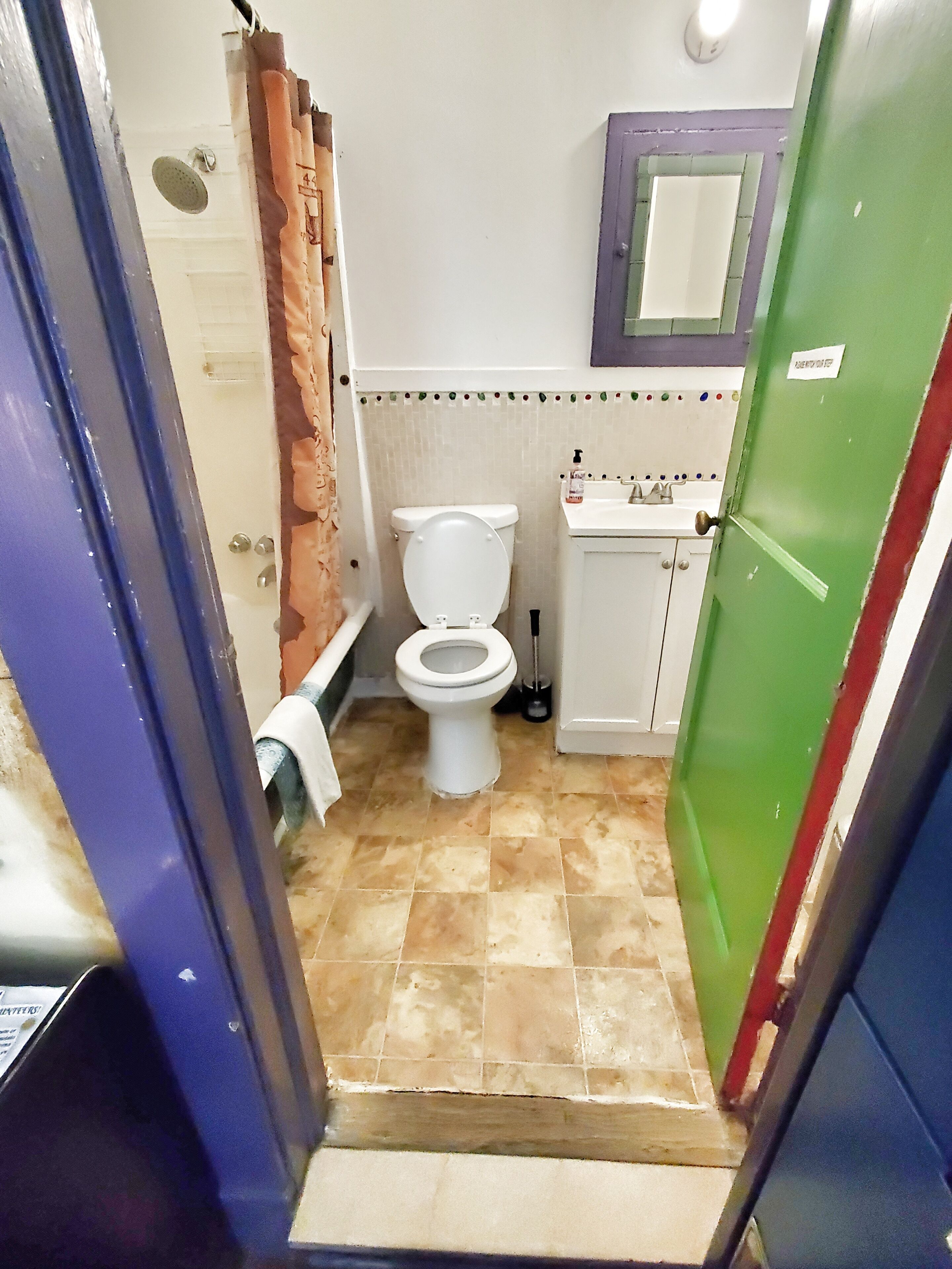 Une petite salle de bain avec des toilettes, un lavabo et une douche.