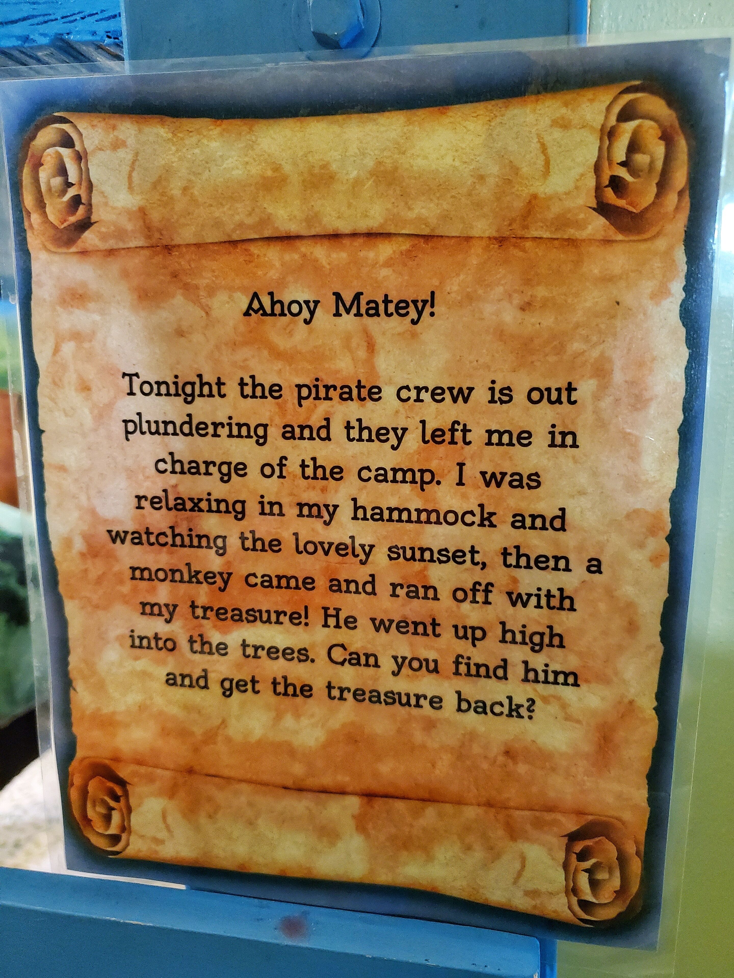 A framed text with a pirate-themed message.