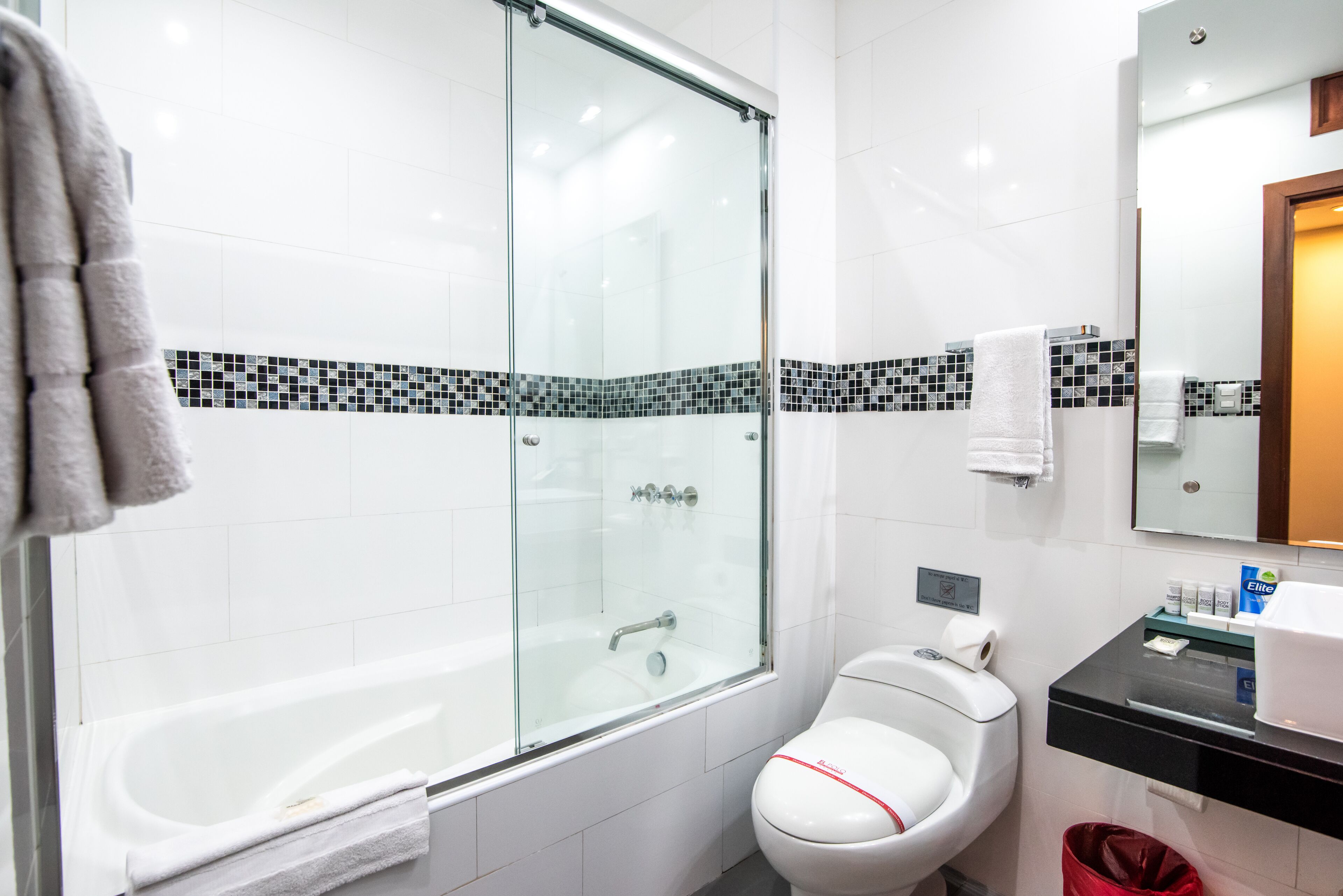 free toiletries, hair dryer, bidet, towels