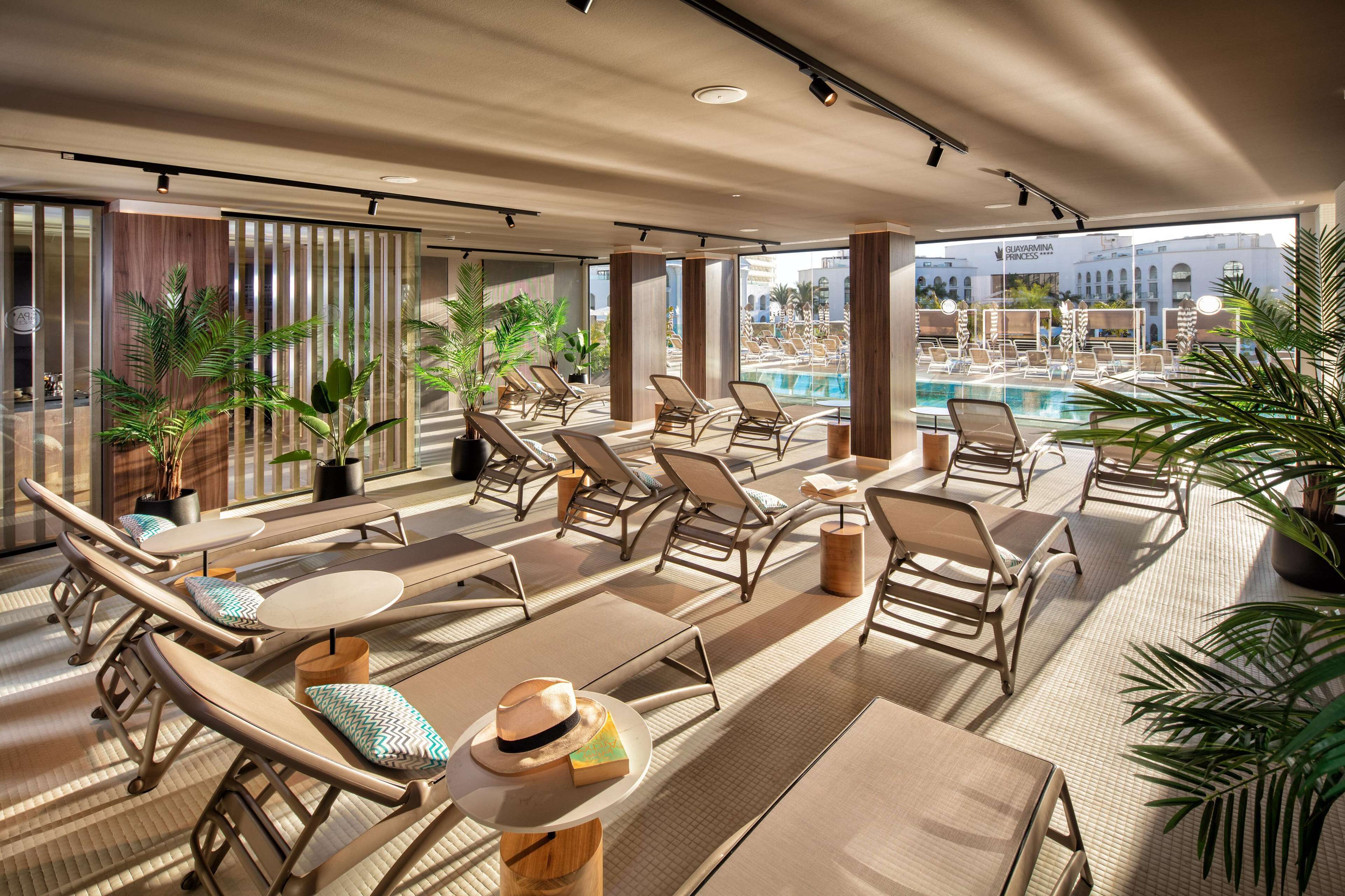 A rooftop lounge area with sun loungers, tables, and potted plants.