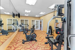 Un gimnasio con máquinas de cardio, equipo de levantamiento de pesas y espejos.