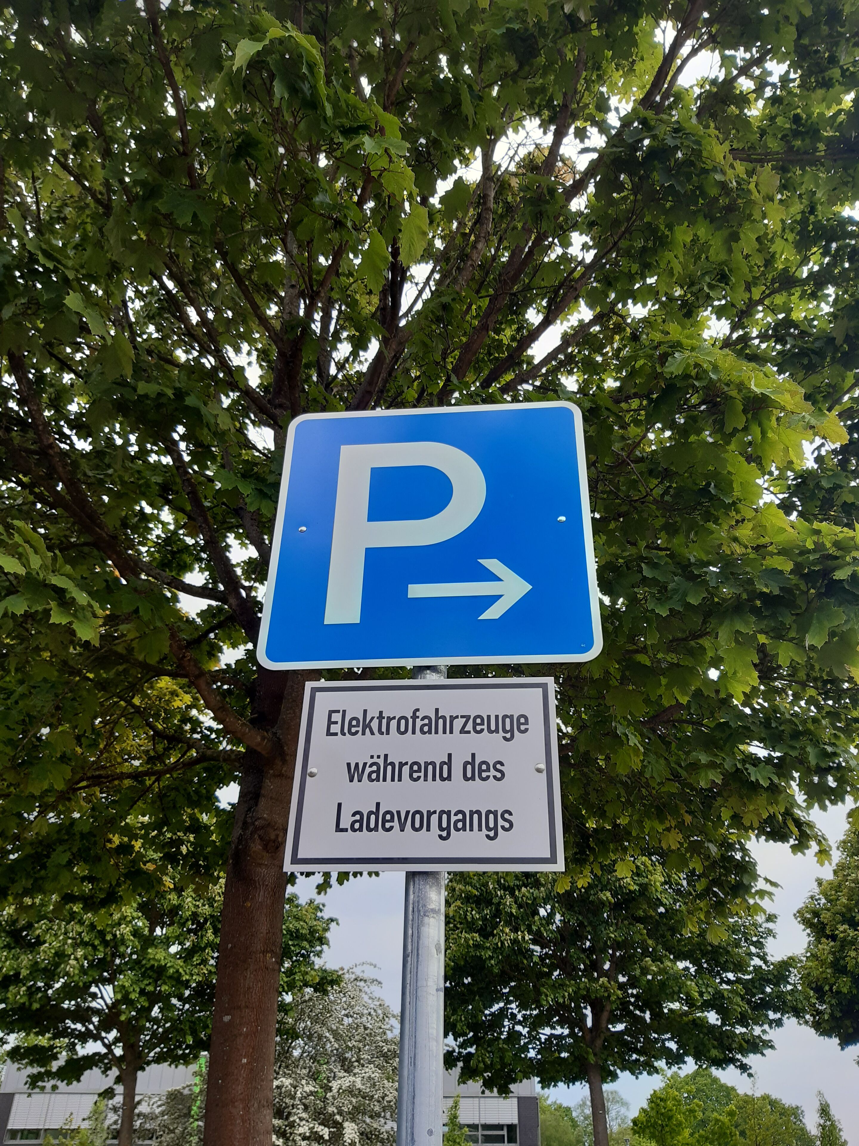 Un panneau de signalisation indiquant un espace de stationnement, avec une flèche directionnelle et un texte en allemand en dessous.