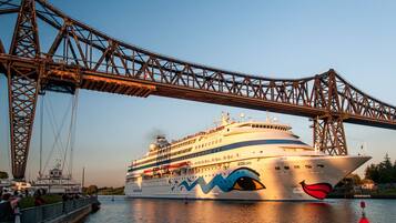 Ein großes Kreuzfahrtschiff liegt unter einer Brücke festgemacht, mit einem markanten blau-roten Design an der Seite.